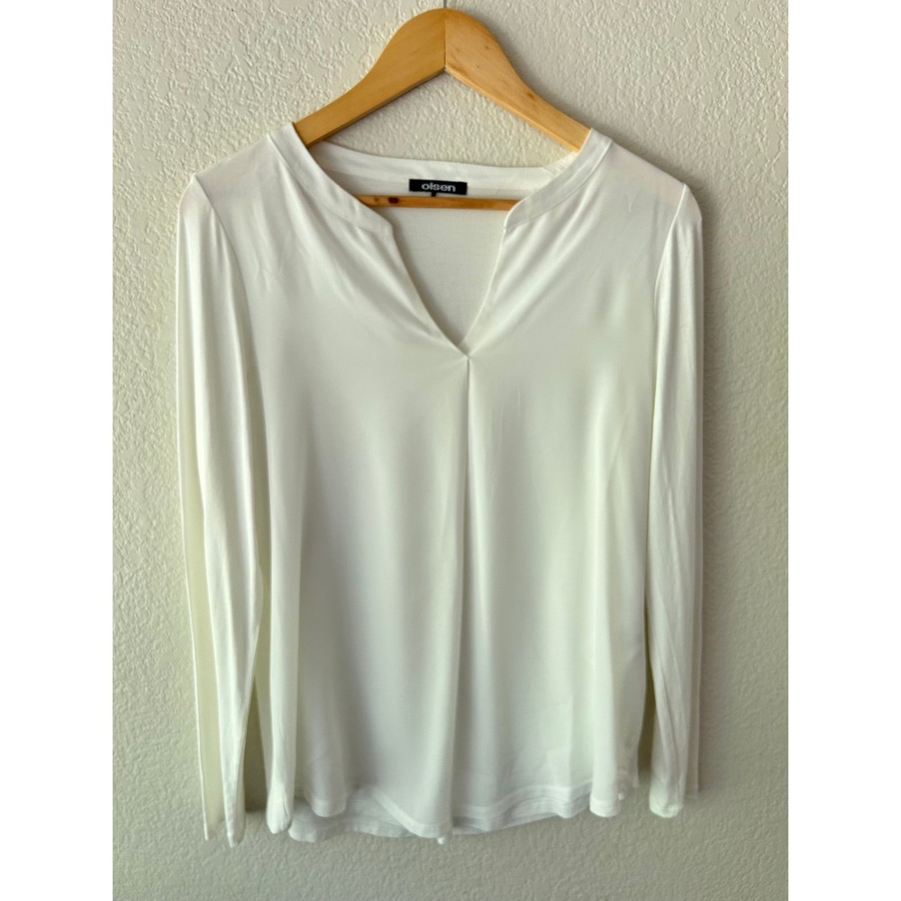 Olsen Montecito Long Sleeve Shell | Ivory Split Neck Mixed Media  Minimalist Top